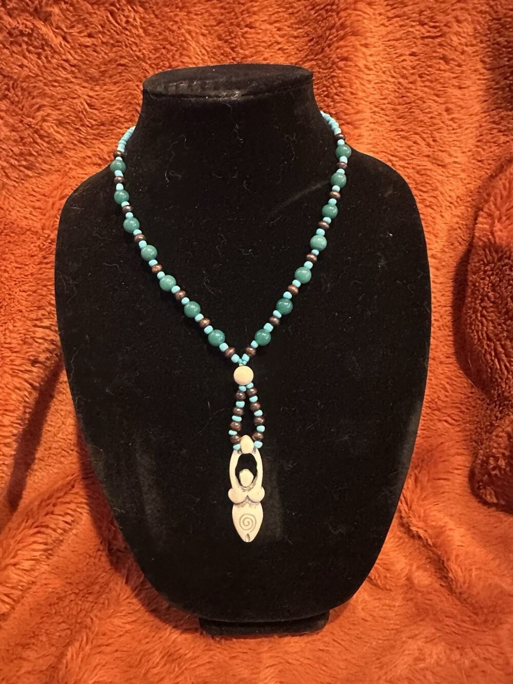 Carved Bovine Bone Pendant Bead of Female Goddess Necklace turquoise color beads